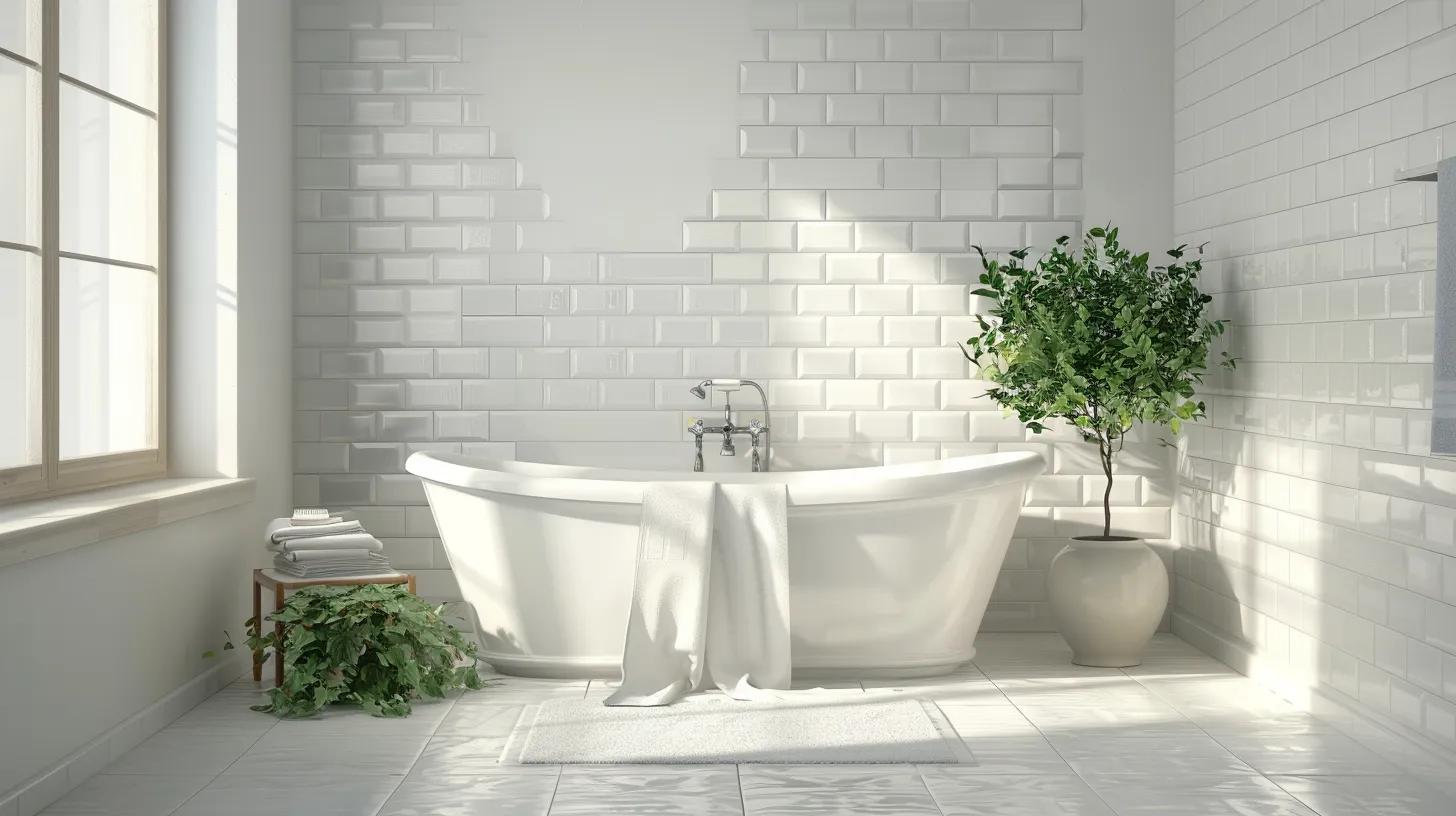 Bright, modern bathroom featuring a freestanding white bathtub, white tiled walls, a small wooden stool with neatly stacked towels, and a potted plant, illustrating an inviting and refreshed tile surface ideal for refinishing.