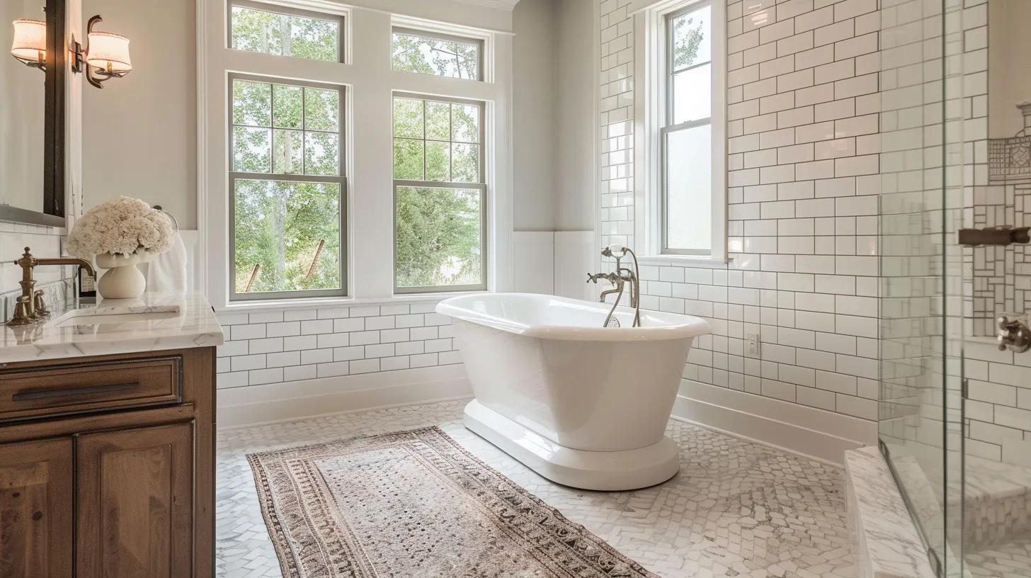 Classic white freestanding bathtub in a modern bathroom with subway tile walls, natural light from large windows, and decorative area rug, highlighting ARK's refinishing services.