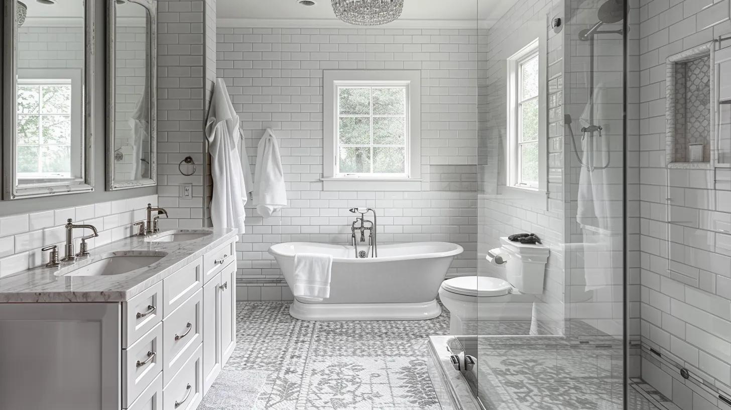 Modern bathroom featuring a freestanding white bathtub, double sink vanity with marble countertop, and elegant tile flooring, emphasizing tile refinishing and aesthetic appeal.