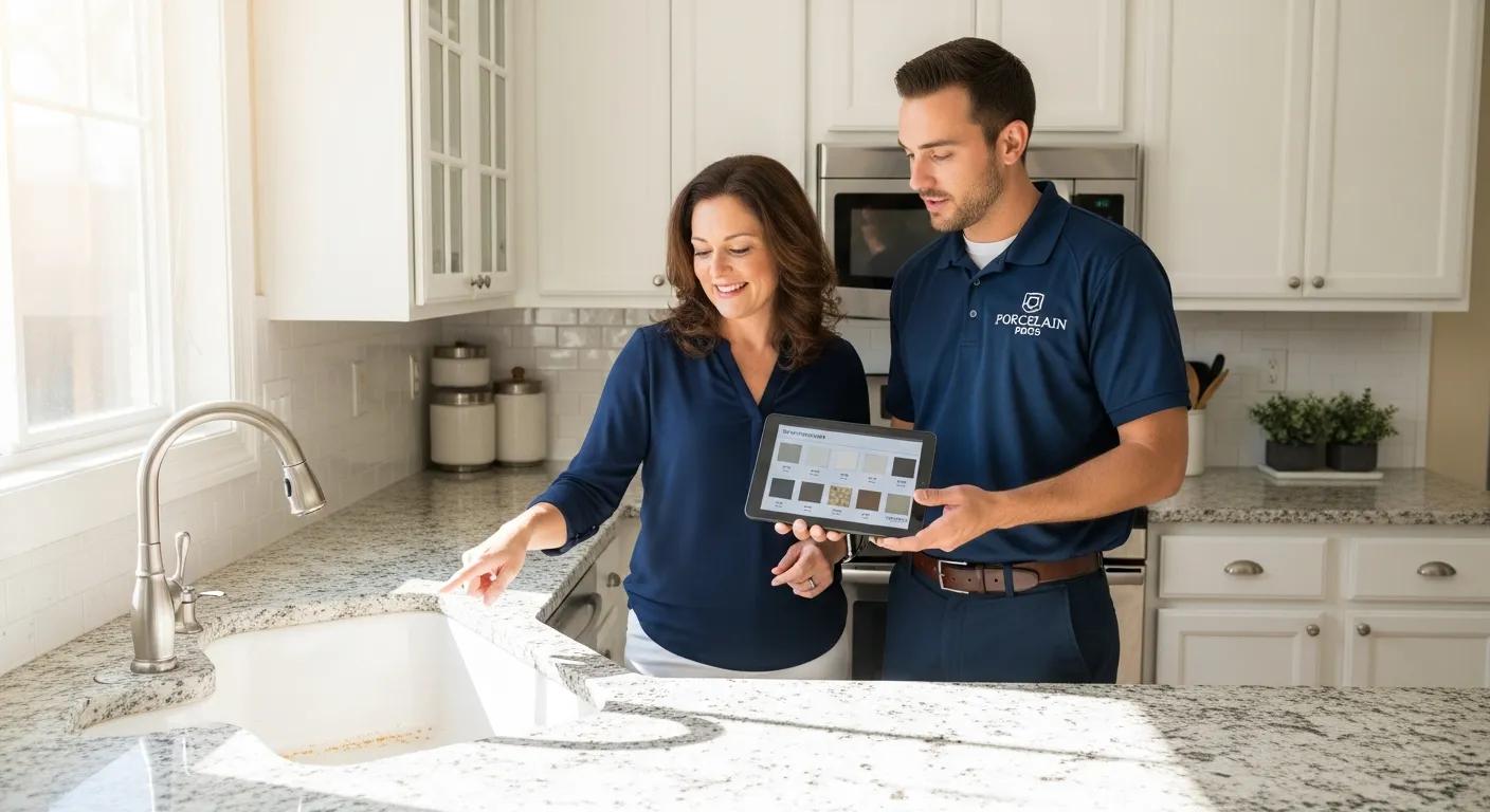 Homeowner consulting with a technician about cost-effective porcelain refinishing options in a kitchen