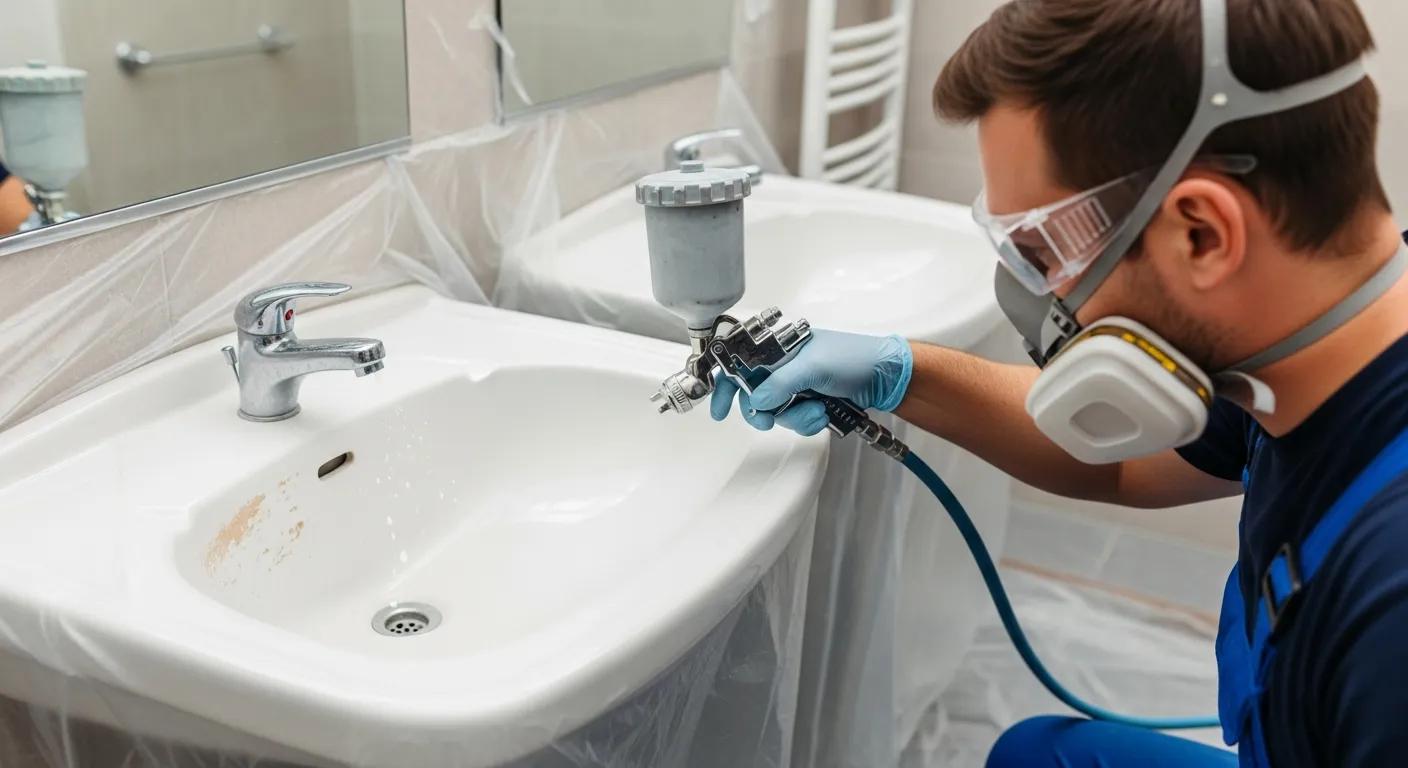 Technician using a spray gun to apply refinishing enamel on a bathtub, demonstrating ARK's eco-friendly and durable bathtub reglazing process.
