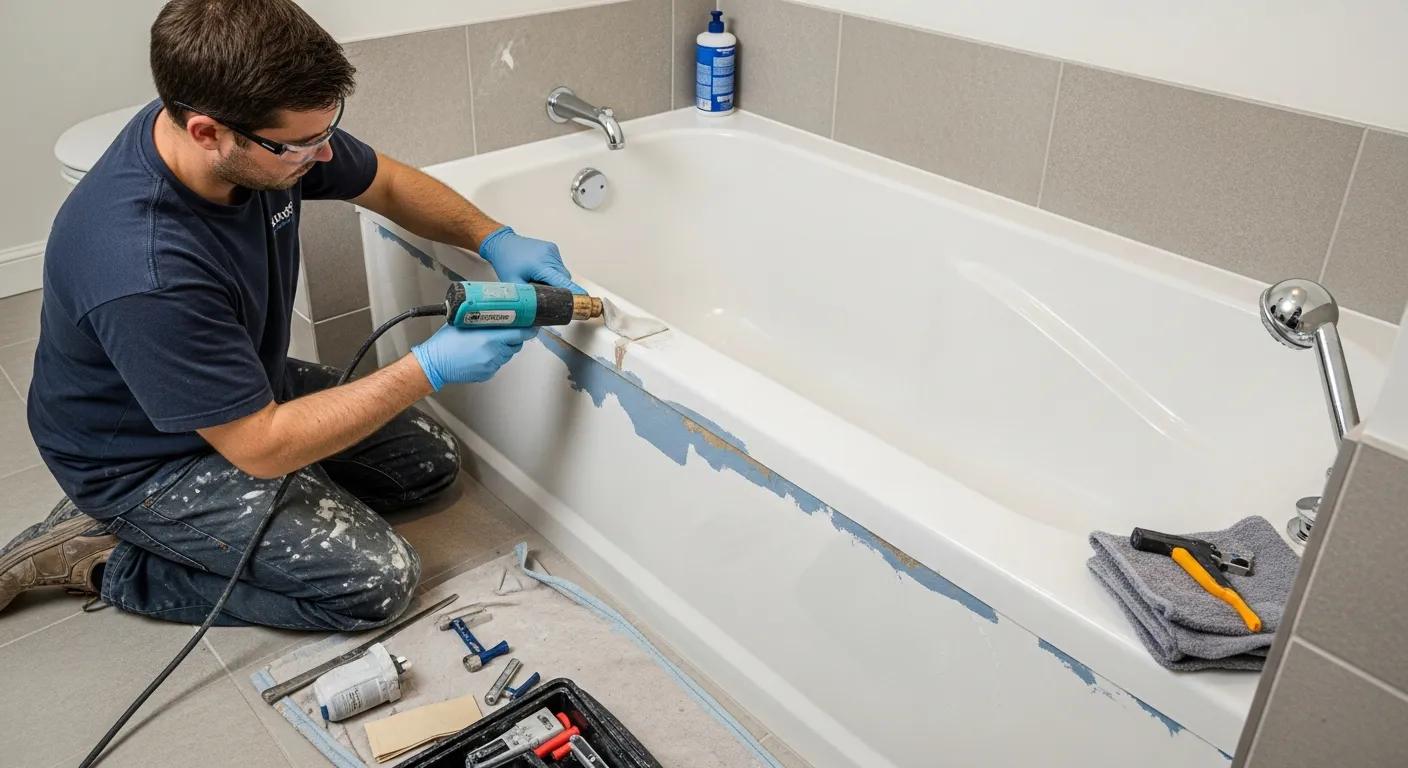 Technician applying thermal-fusion refinishing technique to a bathtub