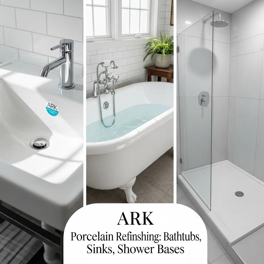 Porcelain refinishing services by ARK featuring a sink, bathtub, and shower base, showcasing glossy finishes and enhanced aesthetics for bathrooms and kitchens.