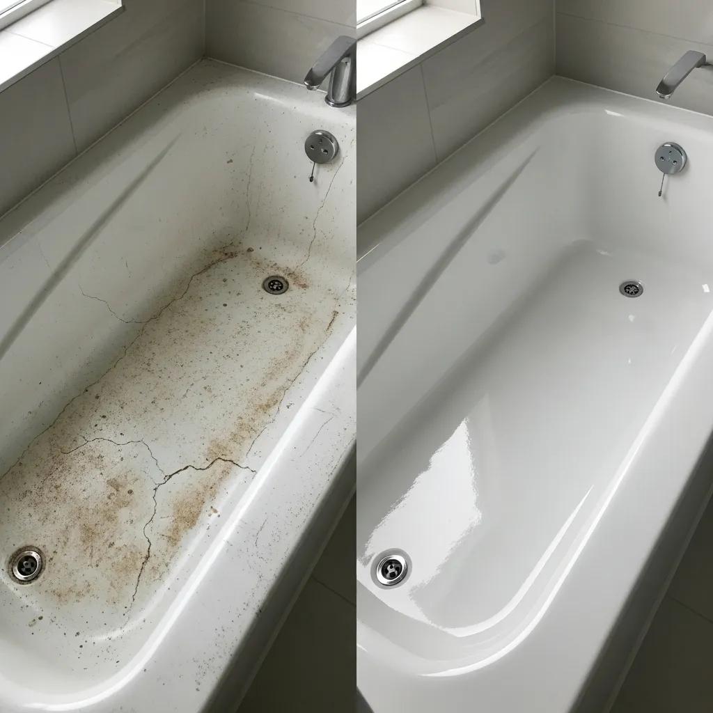 Comparison of worn-out bathtub on the left and newly reglazed bathtub on the right, showcasing the benefits of ARK's Thermal-Fusion refinishing process.