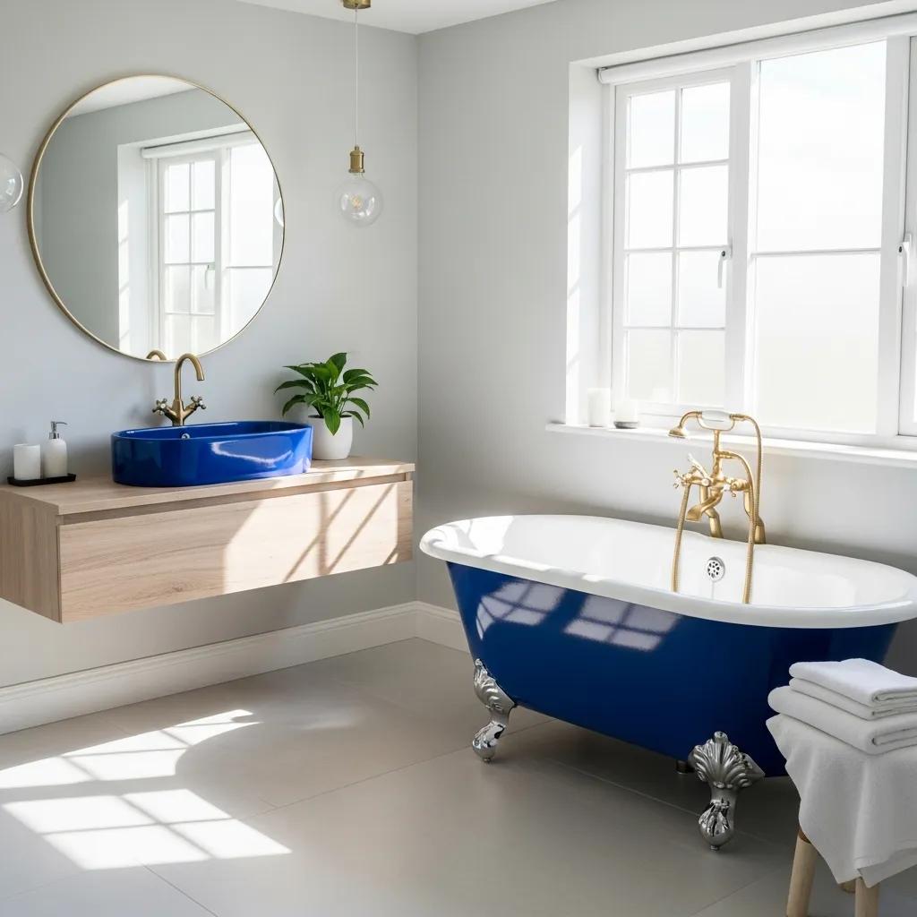 Refinished porcelain bathtub and sink in a modern bathroom, featuring glossy blue and white surfaces, elegant gold fixtures, and natural light enhancing the inviting decor.