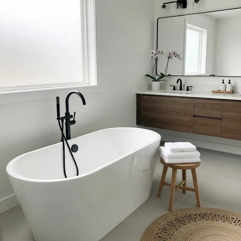 Refinished porcelain bathtub in a modern bathroom, highlighting its glossy finish and elegant decor