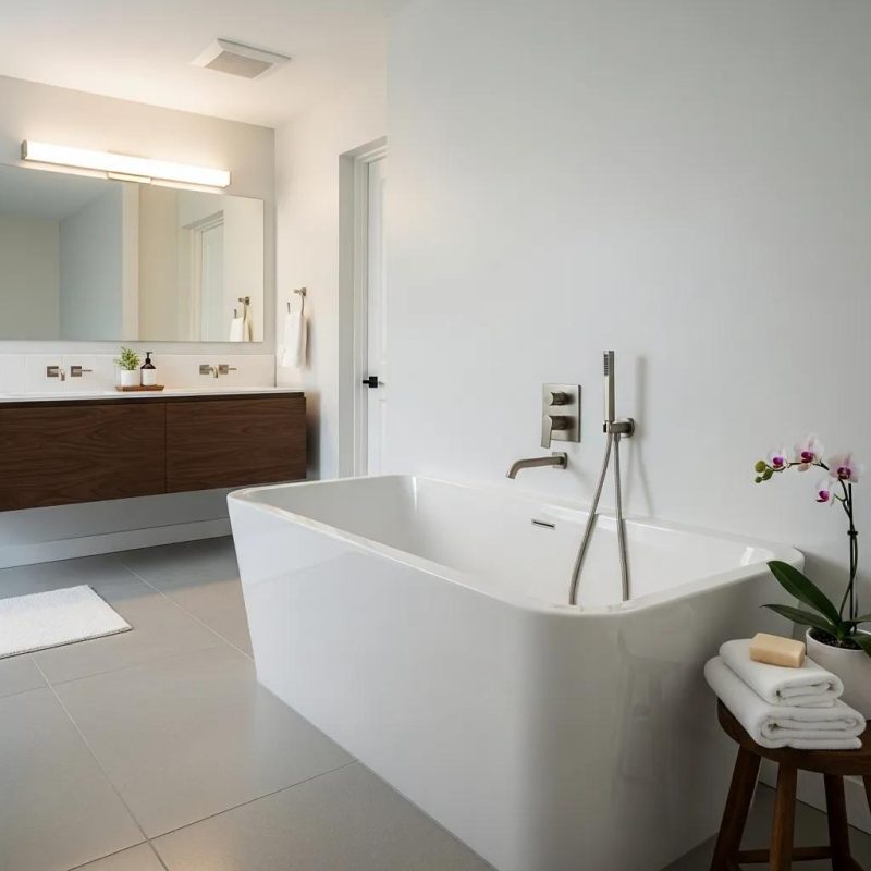 Refinished porcelain bathtub in a modern bathroom highlighting the benefits of tub reglazing