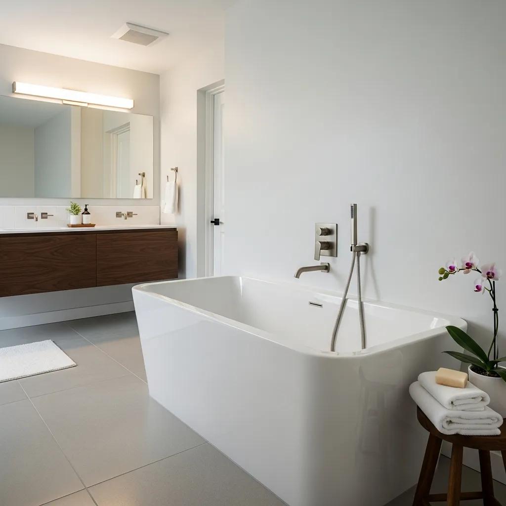 Refinished porcelain bathtub in a modern bathroom, showcasing tub reglazing benefits, with sleek fixtures, neutral tones, and decorative elements.