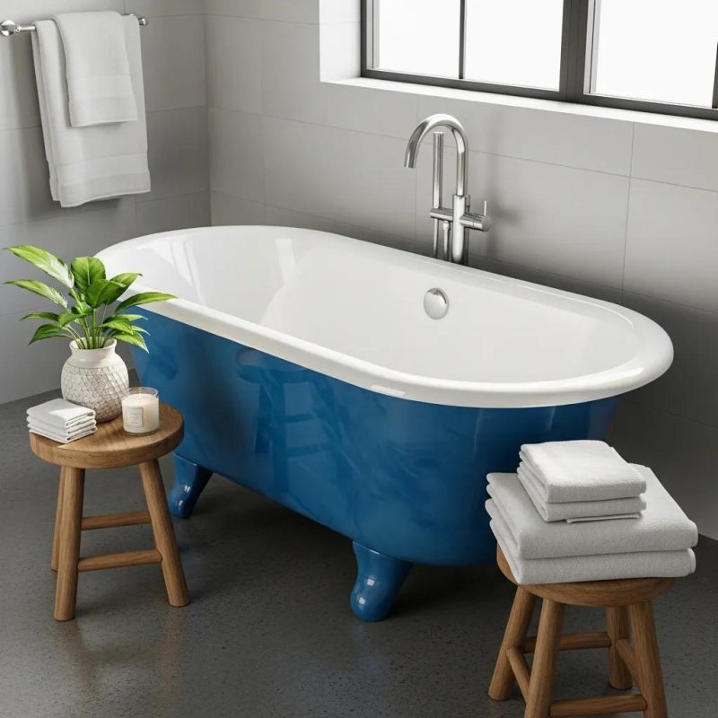 Refinished porcelain bathtub showcasing glossy finish in a modern bathroom