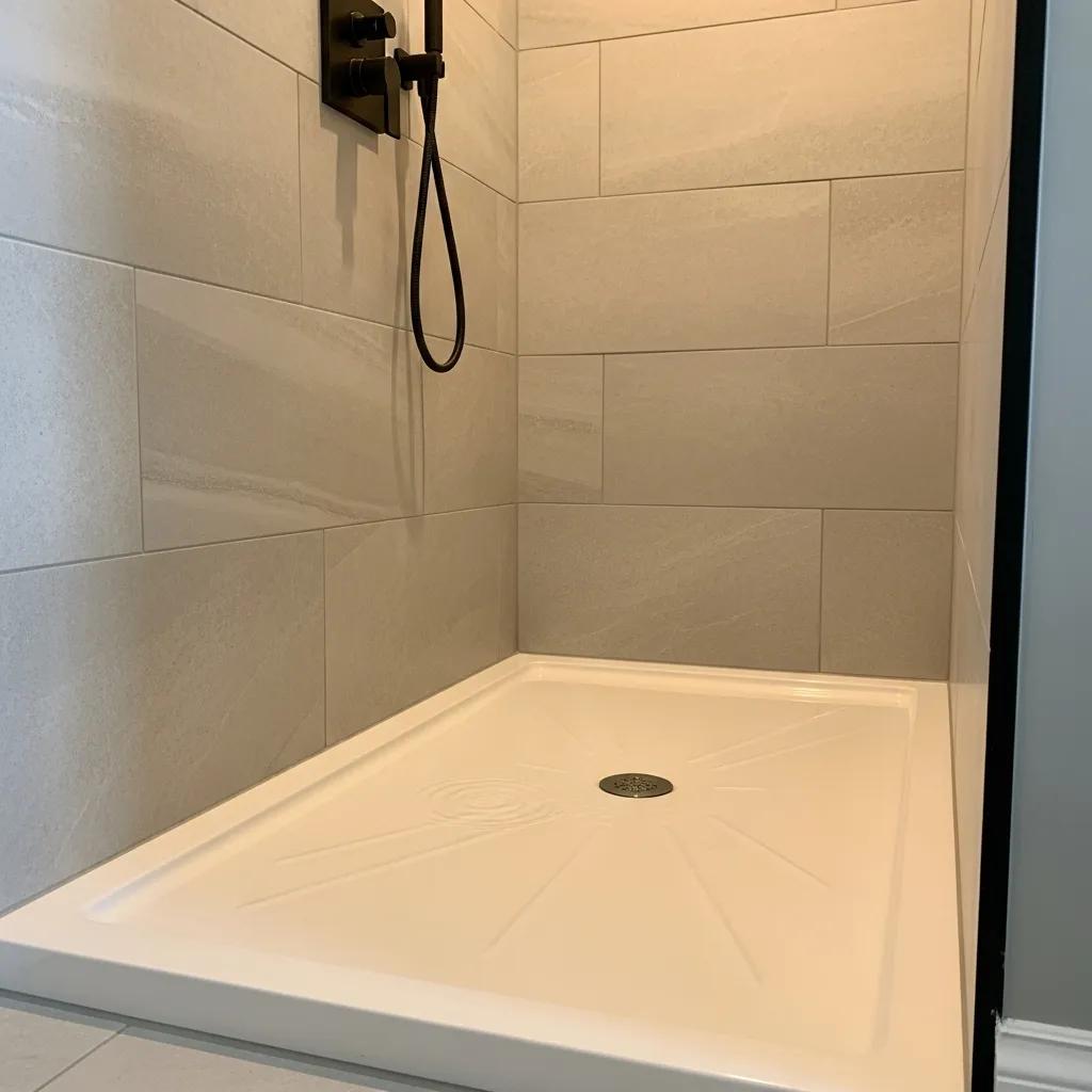 Refinished shower base in a modern bathroom highlighting its glossy surface and pristine condition