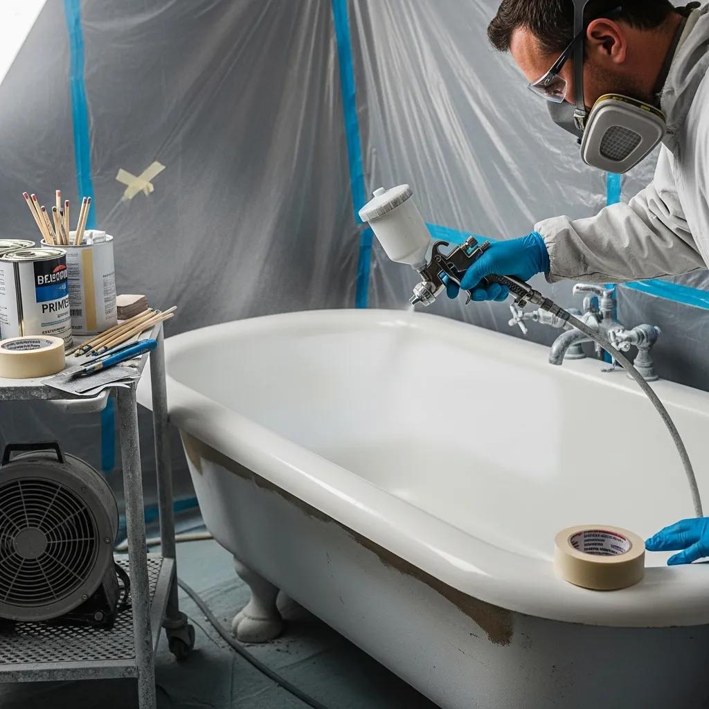 Technician applying new finish to a porcelain tub during the reglazing process, surrounded by refinishing materials and tools in a protected workspace.