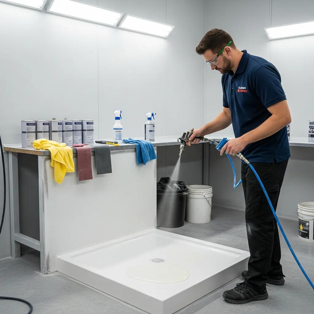 Technician applying specialized coating during the Thermal-Fusion process for shower base refinishing