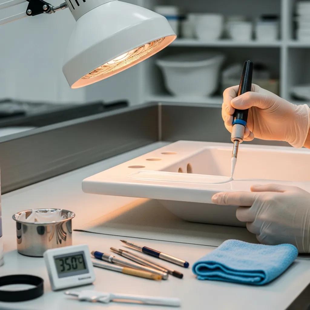Technician applying the Thermal-Fusion process to a porcelain surface, showcasing precision and quality