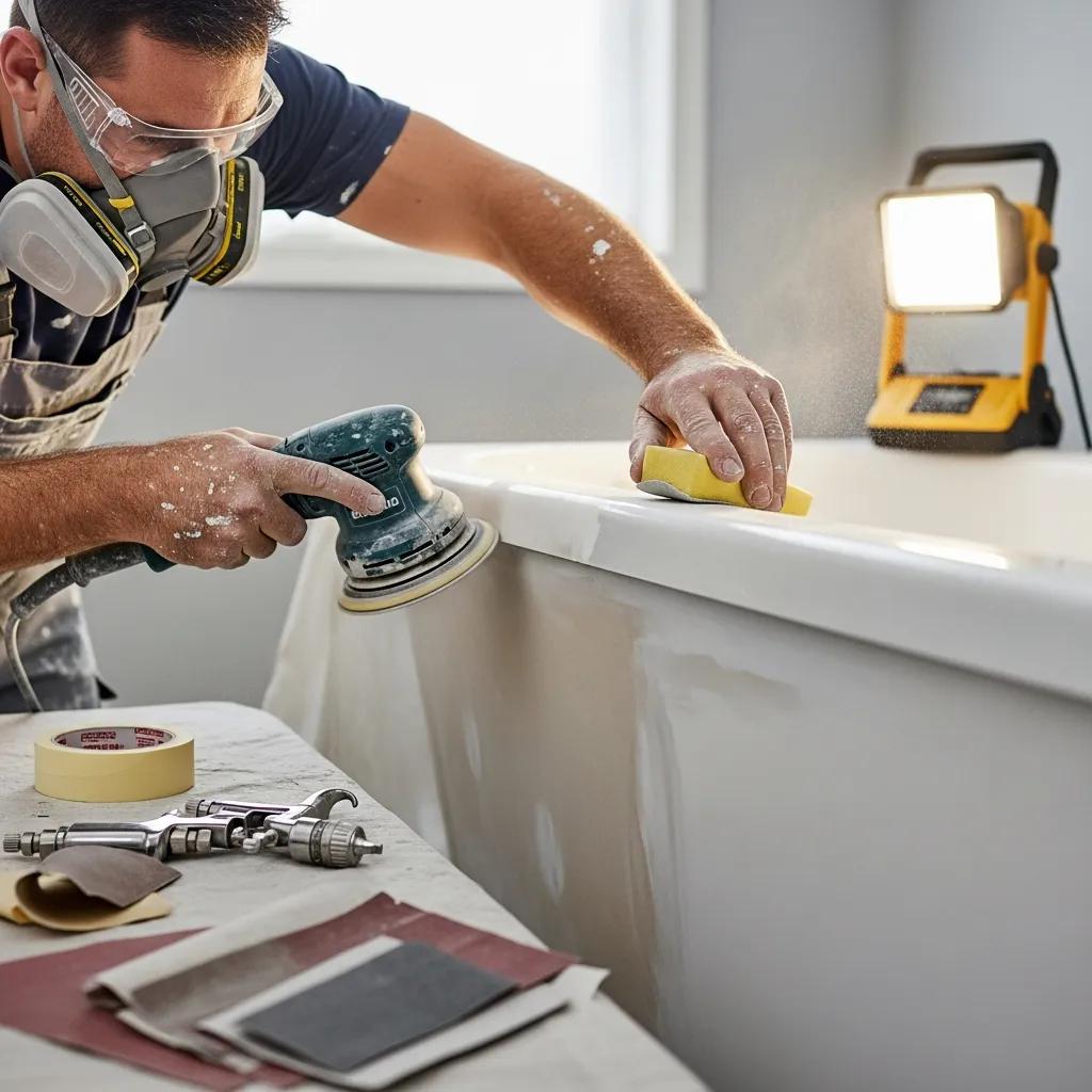 Technician applying reglazing finish to a bathtub, demonstrating the reglazing process